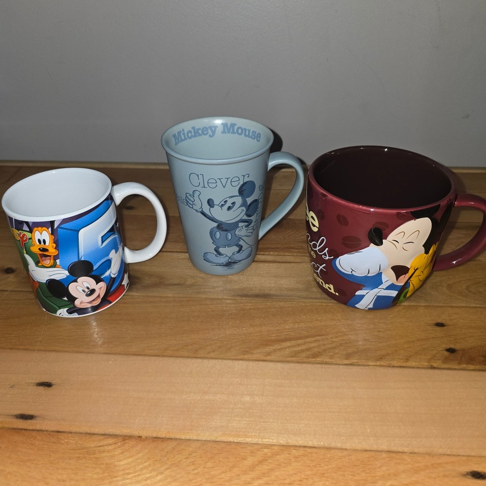 Disney Mickey Mouse and Friends Coffee Mug Set Blue Maroon Donald Duck Pluto 3pc